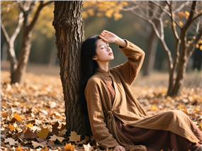 树林秋日长衫美女摄影图片